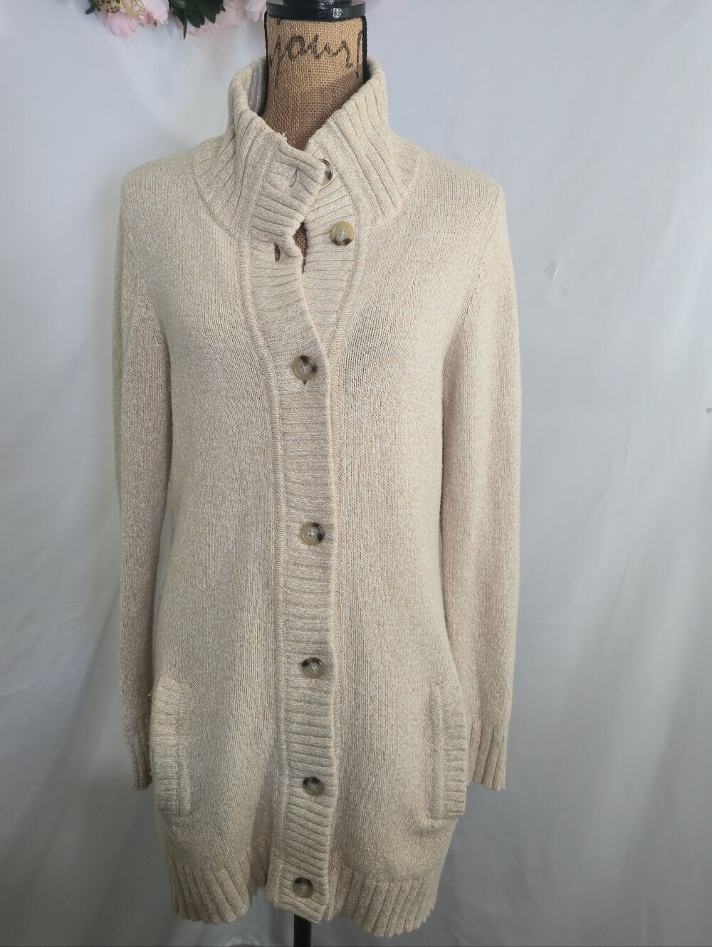 Lauren Ralph Lauren Cream Button-Front Ribbed Collar Cardigan